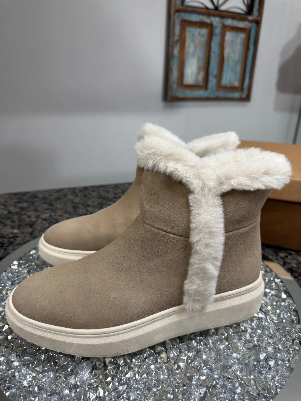 Marc Fisher Foggie Taupe Suede and faux fur Trim Ankle Boots NEW 7.5